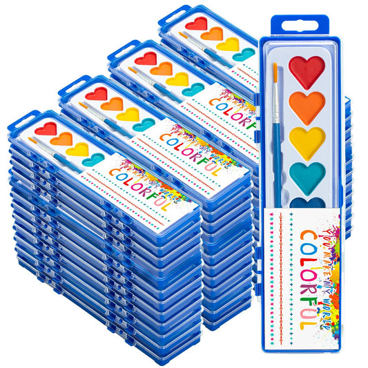 48 Pack Watercolor Paint Set Washable Water Color Kids Paint Set with Paintbrush for Toddlers Adults Art Supplies for Preschool Classroom Party Favor Valentines Gifts